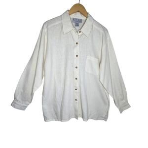 Real Comfort Mens 100% Linen Ivory Button Shirt SZ L Coastal Resort Casual